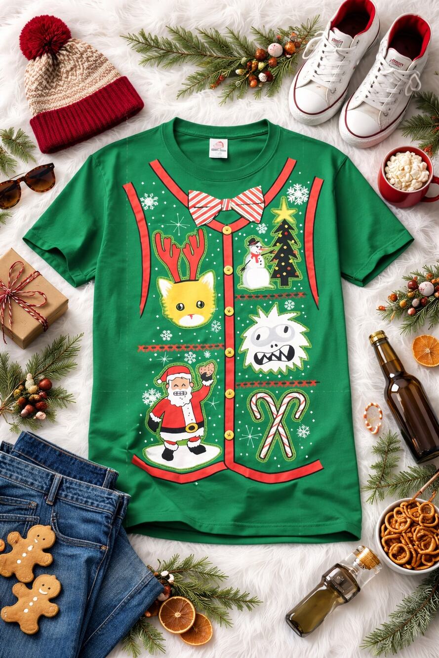 Dec.25th Men’s Ugly Christmas T-Shirt Green Crewneck Short Sleeve Size Small